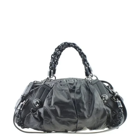 GUCCI Galaxy Two-Way Bag Black Leather Vintage Medium Satchel Purse Silver Chain - Picture 12 of 13